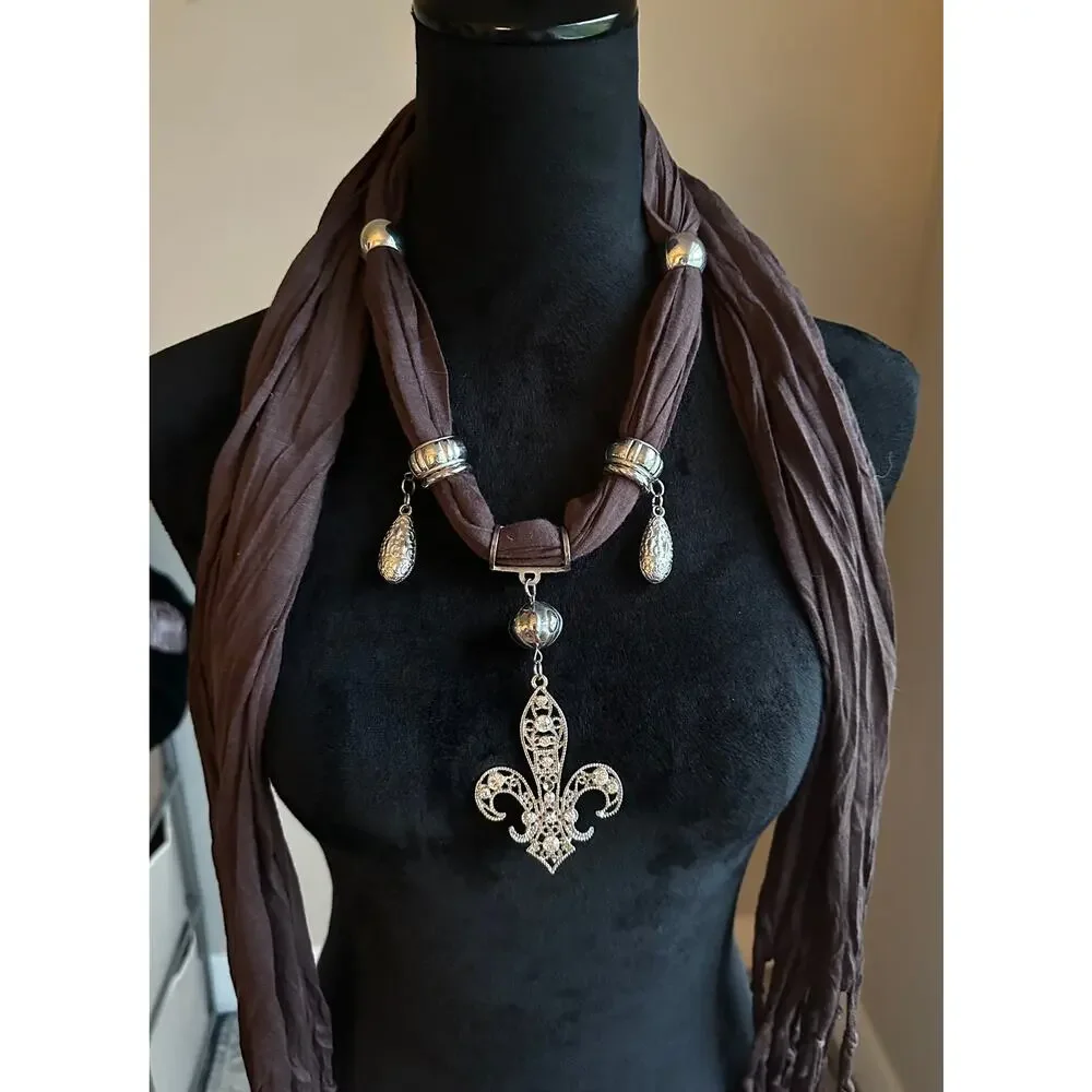Y2K Fleur De Lis Chocolate Brown Silk Blend Fringe Silver Beaded Skinny Scarf